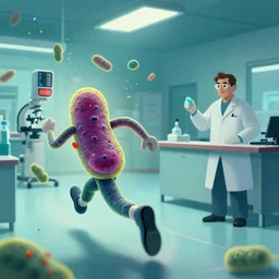 escherischia coli running away from a pharmaceutical company representative, illustration, cinematic lighting, establishing shot