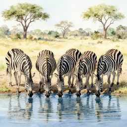 watercolor, zebras drinking at waterhole, okavango
