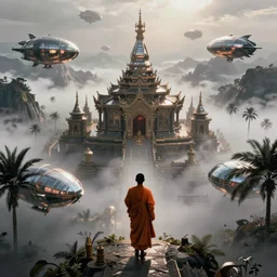a single buddhist monk with an orange robe silhouette, high camera angle, mystic atmosphere, a detailed metallic temple on a misty mountain, shiny metallic airships with reflections, high detailed palm trees, volumetric fog, perspective painting, atmospheric shot, cinematic establishing shot, high detail digital painting, in the style of brian despain, dystopian, unreal engine, maya