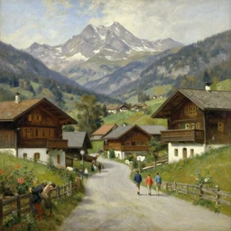 high - quality romantic painting of a traditional village in the swiss alps by francois - antoine bossuet, street scene, very detailed, peaceful, 1 8 4 5, oil on canvas.