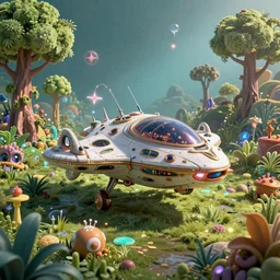 A fancy alien spaceship on a magical biome of oddities, magical plants and trees, goofy, sparky, positive vibes, behance, artstation, unreal render, unreal engine 5, ornate, intricate, cinematic, octane, smooth, 8k