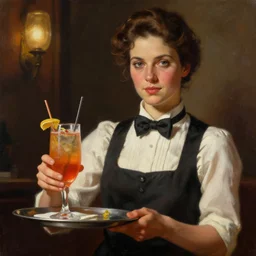 an portrait of a waitress serving a drink, digital painting, artstation, concept art, donato giancola, Joseph Christian Leyendecker, WLOP, Boris Vallejo, Breathtaking, 8k resolution, extremely detailed, beautiful, establishing shot, artistic, hyperrealistic, octane render, cinematic lighting, dramatic lighting, masterpiece, light brazen, extremely detailed and beautiful face
