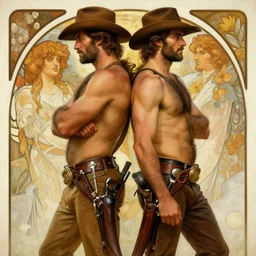 a homoerotic painting by clyde aspevig, greg rutkowski, alphonse mucha, j. c. leyendecker, tom of finland of two attractive hairy cowboy gunslingers in love standing back to back | bandoliers, shirtless, leather clothing | natural lighting, path traced, highly detailed, high quality, trending on artstation