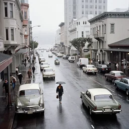a busy street in san francisco in the 1960s with cars and people on a rainy day