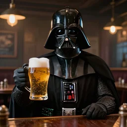 still of darth vader holding a pint of beer in a pub, hyperrealistic, unreal engine, octane render, 4 k, detailed, studio lighting, trending on artstation, sigma 8 5 mm