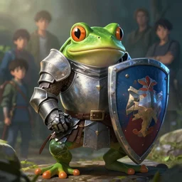 a frog, dressed as a knight, holding a large shield, battle armor, atmospheric lighting painted intricate volumetric lighting, beautiful, sharp focus, ultra detailed by leesha hannigan, ross tran, thierry doizon, kai carpenter, ignacio fernandez rios, makoto shinkai, sharp, mindblowing, 4 k uhd, 8 k
