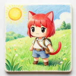 an absurdly-detailed colored-pencil drawing as a fancy square tile, a cute adventurer, a short-red-haired cat-girl painted in final fantasy style, wearing a simple outfit. Summer sun in verdant fields.