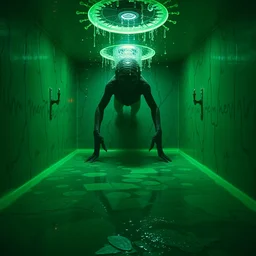 a room of green, water caustics, the creature is here, insanity, film still from the movie directed by denis villeneuve and david cronenberg with art direction by salvador dali and dr. seuss
