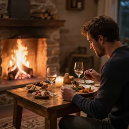 man eating dinner with a log fire on a table romantic