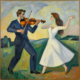 man plays his violin to woman dancing across the landscape, abstract art in the style of cubism,
