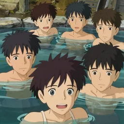 a film still group of teens relaxing in a termal bath, closeup on face, finely detailed features, perfect art, dramatic light, trending on pixiv fanbox, painted by greg rutkowski makoto shinkai takashi takeuchi studio ghibli, akihiko yoshida