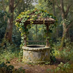 an old well in the middle of a forest clearing, with vines growing on it, highly detailed, oil painting, masterpiece, nature, religion, painting, kitch, romanticism, award winning, realistic,