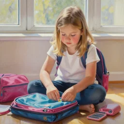 a stock photo of a caucasian girl with medium blonde hair, hazel eyes, chubby cheeks, and a pug nose sitting on the floor organizing school supplies for her first day of school, sunbeams coming through window, early morning, amazing detail, oil painting