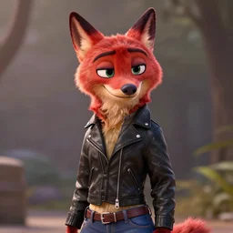 upper body shot, anthropomorphic female wolf with red fur, wearing a black leather jacket and denim pants, detailed, unreal engine 5, cinema 4 d cinematic, artstation, in the style of zootopia