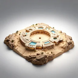 architectural model, isometric view, 3 d render, studio lighting, low contrast, brightly lit studio, highly detailed, a circular house with circular courtyards, pool, on rocks on a desert, no tree