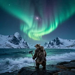 northern lights under a dark but star-spangled sky, galaxy center remotely visible, roaring ocean in front, towering snowcovered mountains in background, with a bearskin clad viking with an axe, coming ashore, vibrant colors, trending on artstation, smooth, detailed, sharp focus, realistic, masterpiece, epic, cinematic lighting, great composition, had, style of Ernest deutsch, John. Rekey, Norman Rockwell, 4k,