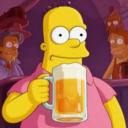 close up sci - fi barney gumble simpsons, drunk clean shaven man wearing a pink shirt, yellow skin, holding a massive mug of beer, centered, digital painting, sharp focus, illustration, artgerm, tomasz alen kopera, peter mohrbacher, joseph christian leyendecker, wlop, frank frazetta