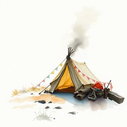 small centered on white watercolor paper, paint brush strokes, abstract watercolor painting of nomad tent camp, scandinavia, smoke, midday sharp light, cinematic light, american romanticism by hans dahl, by jesper ejsing, by anders zorn, by greg rutkowski, by greg manchess, by tyler edlin