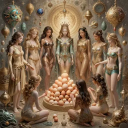 girls counting eggs, fantasy character portrait, bikini, skirt, shorts, long shirt, bodysuit, leotard, ultra realistic, wide angle, intricate details, the fifth element artifacts, highly detailed by peter mohrbacher, hajime sorayama, wayne barlowe, boris vallejo, paolo eleuteri serpieri