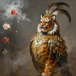 masterful fantastic realist painting an exotic ancient feathered and bejeweled bird wearing an exquisitely painted bugaku mask of a tiger, gold chains strung like tinsel, digital painting trending on artstation, viciously blinded, bugaku tiger cosplay, beautiful flowers being launched into space, swinging holy censors with thick smoke, volumetric lighting and mist, 3 / 4 portrait painting, hyper