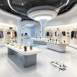 futuristic store interior with display tables, pen sketch.