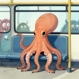 a strange bird octopus chimera creature waiting for the bus with other monsters, in the style of shaun tan and sam shearon, close up, glossy, beautiful, fantastic, wonderful, dramatic lighting, candy colours, high contrast, 3 d sculpture 8 k octane render