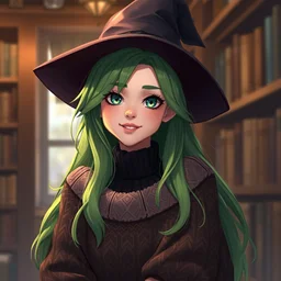 happy nathalie emmanuel as a witch, long green hair, cozy atmosphere, urban fantasy, sweater, pointy hat, library, bokeh, sharp focus, smooth, detailed, qichao wang, artgerm, cushart krenz, zeronis, trending on artstation, soft light, sharp edges, illustration, character design, concept art