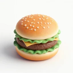 Hamburger, 3D clay render, octane render, 4k UHD, white background, isometric top down left view, diffuse lighting