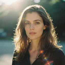 a realistic portrait photography of a woman by Corbin Gurkin . 35mm film. cinematic. warm light. lens flare. depth of field.