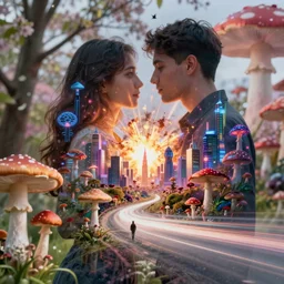 double exposure of dally life, symbols of live, explosion, cyber mushroom city, love is the most relevant theme, 8 k resolution, artistic mode, artistic, trending on instagram, long exposure, love art, serious, fantasy and dreams vibes, mushrooms style and macro style, colorful picture, spring vibes