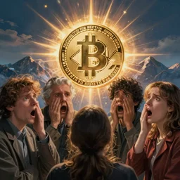 people seeing crypto, very scared faces, cryptocoin in a mountain