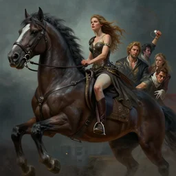 masterpiece concept art, a beautiful highly detailed destiny lady rides a giant horse, emotional, cinematic moody colors, realistic shaded lighting poster by ilya kuvshinov, magali villeneuve, artgerm, jeremy lipkin and michael garmash and rob rey