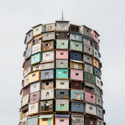 circular towers made up of makeshift squatter shacks with pastel colours, mamiya, 8 5 mm, f 1. 7, uniform plain sky, fine details, photographed by cristina de middel and julie blackmon