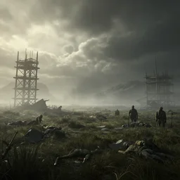 beautiful render of a eerie landscape, unreal engine, post war, first light, dead soldiers, moor, morning mist, dramatic clouds, scaffold, soft light, by greg rutkowski and h. r. giger, cgsociety