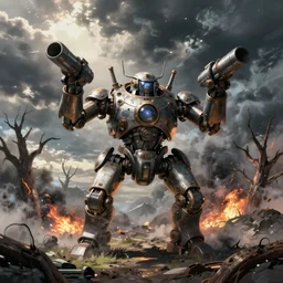 a mech with guns on each arm preparing for combat, battlefield, dead trees, fire, smoke, dark clouds, slightly sunny, ominous, intense, epic, extremely detailed, cinematic lighting, studio ghibli, anime, steampunk, cool,