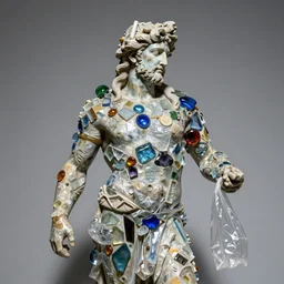 “Hephaestus statue made of pieces of glass and plastic bags, detailed but rough, 4k photo, great light and shadows, Sony 175mm”