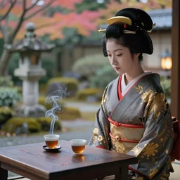 garden, geisha, traditional japanese 🫖, two smoky cup of tea on a wood table, old concrete statue, smoky autumn pastels lightings, japanese garden background, micro details, ( ( ( intricate ) gold details ) ), photorealism, crisp, hasselblad camera, by annie leibovitz