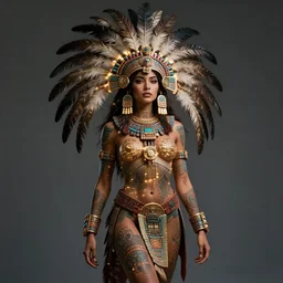 character design, aztec warrior goddess with beautiful woman face, crown of very long feathers, full body, glowing aztec tattoos, beautiful, dark fantasy, super - resolution, ultra - hd, 1 0 8 0 p, vray