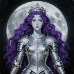 painting of prophetess of the moon, silver filigree armor and tiara, moon above head, purple wavy hair, translucent skin, wide striking eyes, beautiful! coherent! symmetrical body, by brom, by junji ito, by brian froud, strong line, high contrast, muted color, preraphaelite style, 4 k, trending on artstation