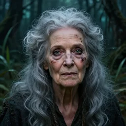 fantasy portrait of an energetic old woman with silky, cloudy grey hair, black scars on her face, swamp vegetation in the background, nocturnal palette, art by greg rutowski, raphael lacoste, eddie mendoza, artgerm, trending on artstation