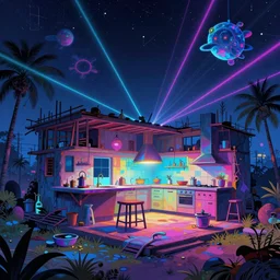 a beautiful hyperdetailed illustration of kitchen unfinished building urbex nature by renzo piano, at night venus vaporwave thermal imaging cgsociety uv light tron synthwave atlantis laser cosmic, archdaily, wallpaper, highly detailed, trending on artstation.