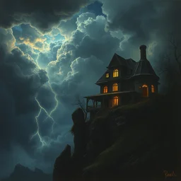 in the style of charlie bowater, dean cornwell, steve niles : : stunning, spooky haunted house on a cliff : : lighting, clouds, storm : : night time, cinematic lighting : :