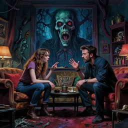 cinematic colorful horror artwork by artgerm, beksinski, mark brooks, stephen king ; real life full portrait of ben affleck and his wife dove cameron arguing, living room ; ground level wide shot low angle ; night ominous scary, 8 k hdr, creepy intricate ; volumetric dramatic lighting, insanely detailed, haunting