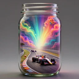 [ palate ] [ muted neon colors ] formula one racetrack inside of a mason jar, racetrack preserved inside a glass jar, cars racing on a track inside of a mason jar, award winning composition, vibrant neon nebulous clouds, symmetrical details, hyper - realistic illustration, radiant light rays, photorealistic, intricate and fine details, volumetric lighting,