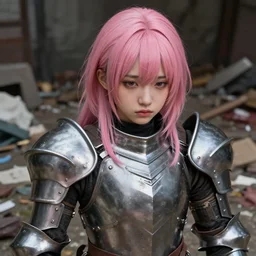 a masterpiece hyperrealistic ultradetailed closeup photograph of a lifelike real human anime girl wearing steel plate armor, surrounded by clutter and mess, made by wlop, trending on artstation, pink hairs, youthful, k - pop, sad, photoreal image, rendered, unreal engine 5, extremely detailed, sharp focus, 4 k