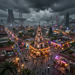 cinematic titled angled view action shot clean concept art of a post apocalyptic futuristic small mexican town cobbled kiosko central town square, studio ghibly and pixar, blade runner 2 0 2 9 guanajuato alleys, hanging mexican dia de muertos paper decorations, futuristic colonial city architecture, crowded, angled shot, environmental lighting, stormy weather, ray tracing, amazing view, highly detailed, neon shops, octane render, unreal engine 5, 4 k