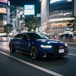 photo of a dark - blue audi a 7 sportsback designed by aaple at night driving fast through a shibuya, cinematic, 4 k, long exposure photography, tokyo drift, fast and furious, kodak portra 4 0 0