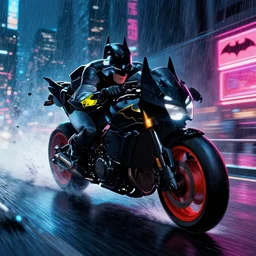 batmobile racing down a city night life neon lights heavy rain splash art graphic design color splash high contrasting art, fantasy, highly detailed, art by greg rutkowski
