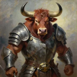 oil painting of a strong minotaur with a bull face and wearing full plate armor, in style of ivan aivazovsky, expressive face, detailed face, detailed eyes, full body, feminine face, tracer overwatch,