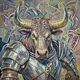 oil painting of a strong minotaur with a bull face and wearing full plate armor, in style of ivan aivazovsky, expressive face, detailed face, detailed eyes, full body, feminine face, tracer overwatch,
